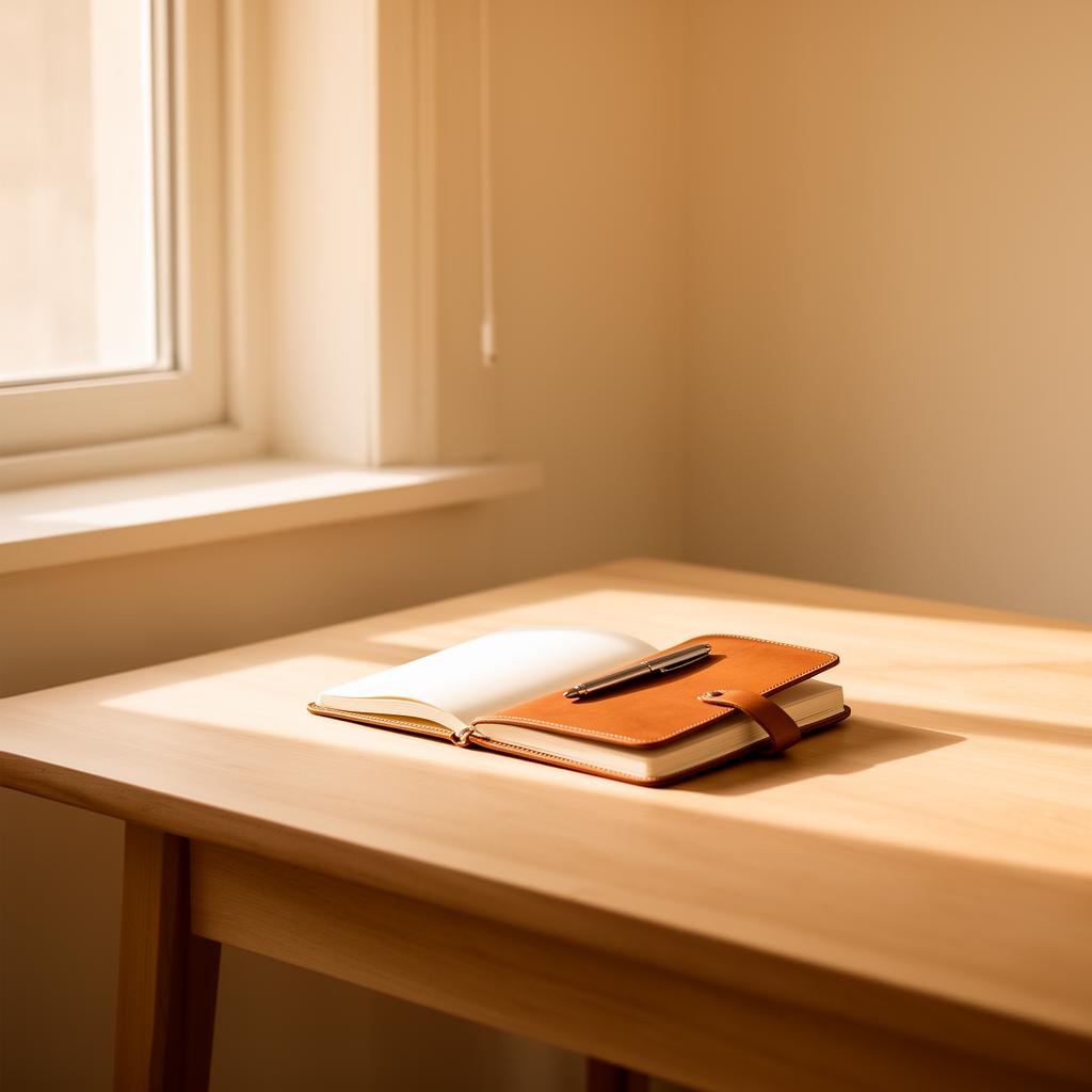Mesa de madeira com caderno aberto banhado pela luz da manhã